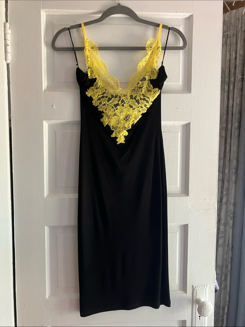 Givenchy Black Slip Dress with Yellow Lace V-Neck